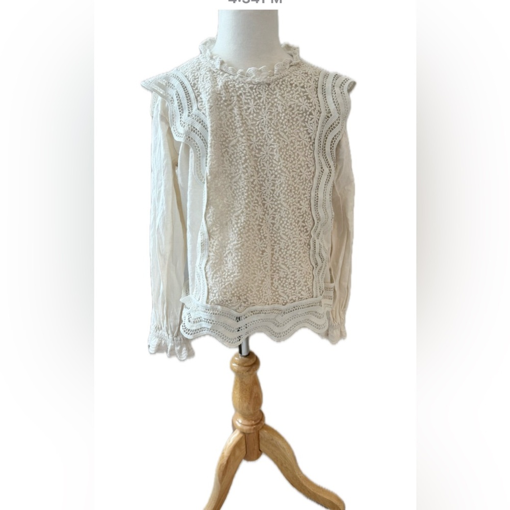 Zara Sz 9 Girls Off-White Lace Blouse Top Eyelet Colllar Ivory